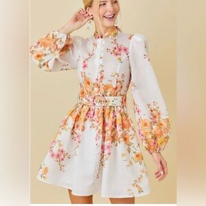 Mainstrip Amy Floral Print Dress Long Sleeve Holiday Mini White Medium No Belt